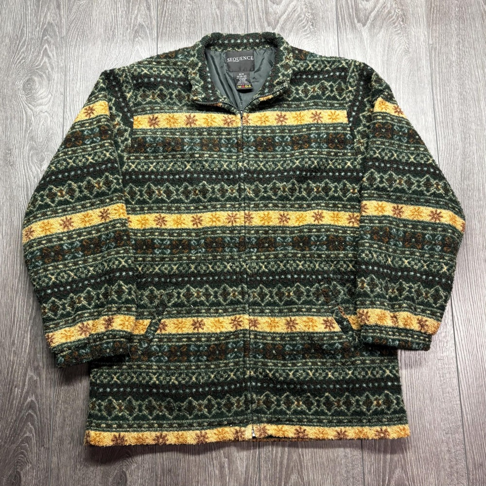 Vintage Aztec Deep Pile Fleece Jacket Full Zip 1990s Medium Green Sequence
